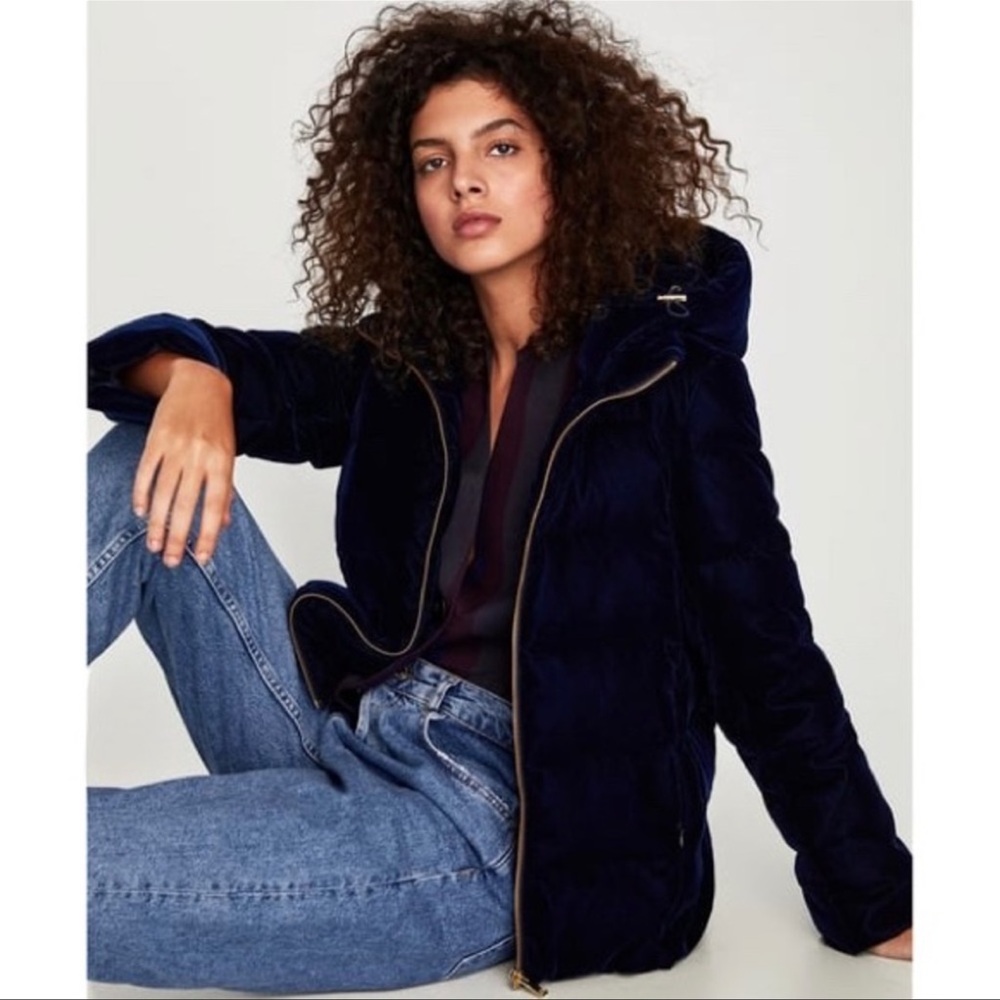 Zara Basic Outerwear Blue Velvet Puffs Down Hoodie Jacket Size S
